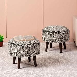 nestroots Set of 2 Wooden Ottoman Stools for Living Room | Printed ...