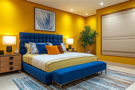 Minimal Master Bedroom Design with Mustard Yellow Walls and Blue ...