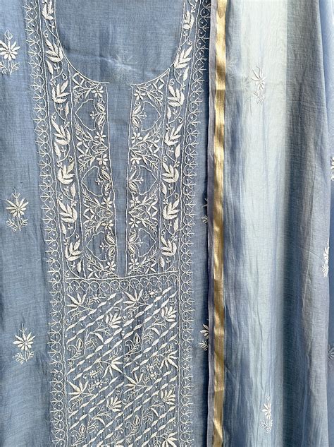 Blue Mul Chanderi Unstitched Chikankari Kurti Piece with Dupatta
