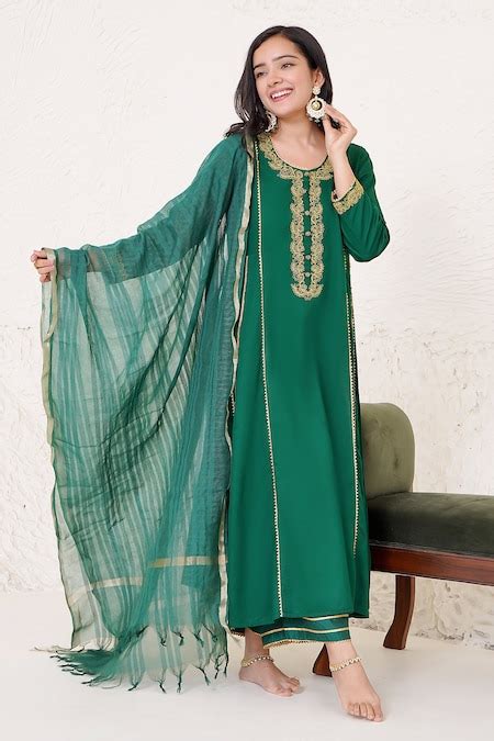 Buy Emerald Green Cotton Satin, Dori Embroidered Placement Anarkali ...