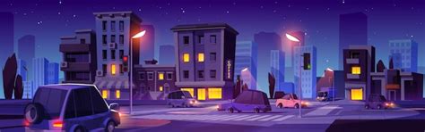 Night city crossroad scene with cars background | Free Vector