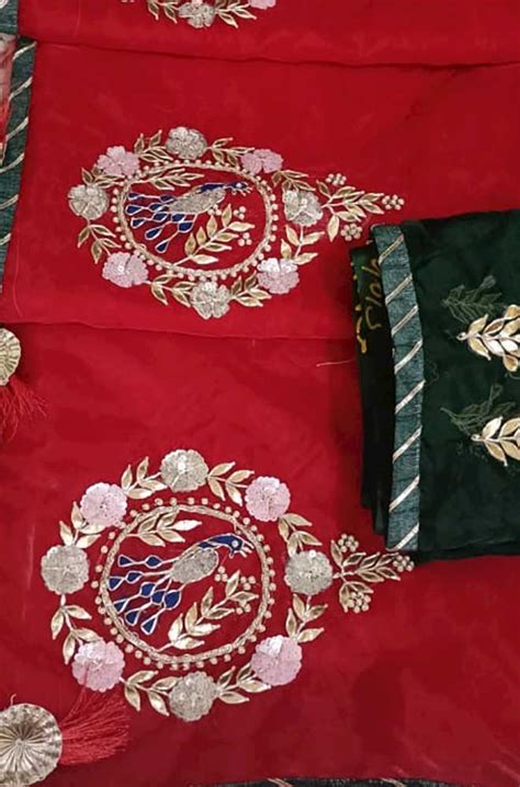 Red Gota And Zardozi Work Organza Saree - Luxurionworld