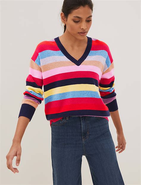 Buy Pure Cashmere Striped V-Neck Jumper at Marks & Spencer