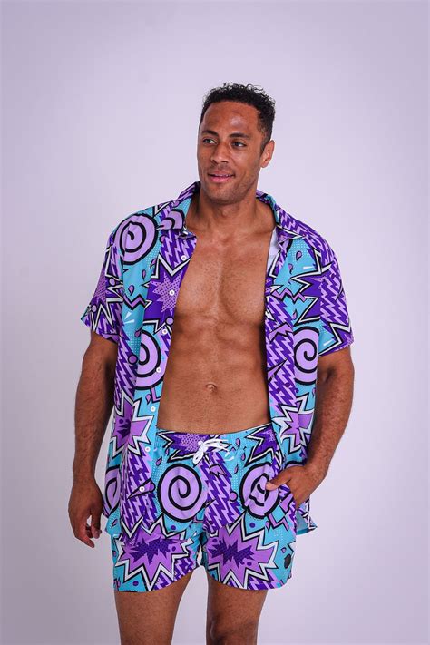 Mens Retro Purple and Aqua Swim Shorts - OOSC Clothing