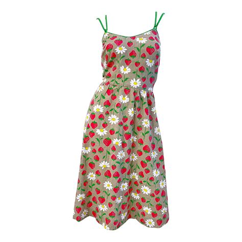 1970s Strawberry and Daisy Novelty Print Khaki Vintage 70s Cotton Sun ...
