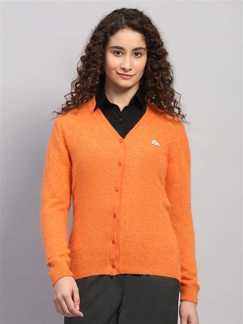 Buy Women Orange Solid V Neck Full Sleeve Cardigan Online in India ...