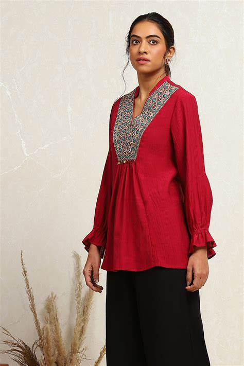 Berry Red Embroidered A-Line Kurti at Biba India