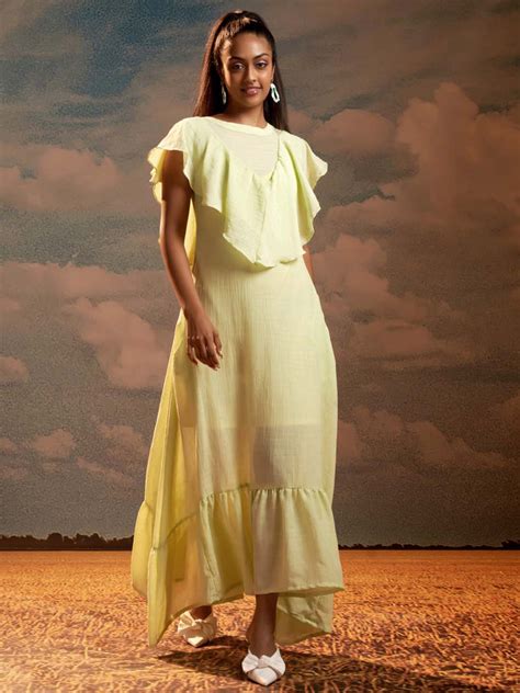 Lime Green Solid Poly Viscose Flared Maxi Dress-MAX102