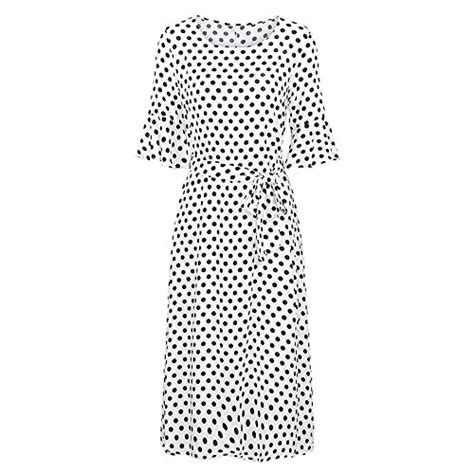 SOLEDI® Romacci Vintage Polka Dot Print Loose Dress O Neck Tie Waist ...