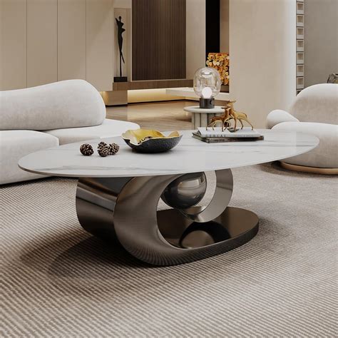 Amazon.com: Modern Oval Stone Coffee Table with Gray Metal Base ...