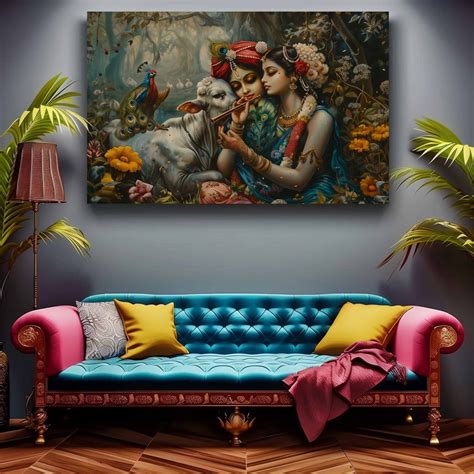 Radha-Krishna : Vṛindavan's Symphony Canvas Wall Art (36 x 24 Inches ...