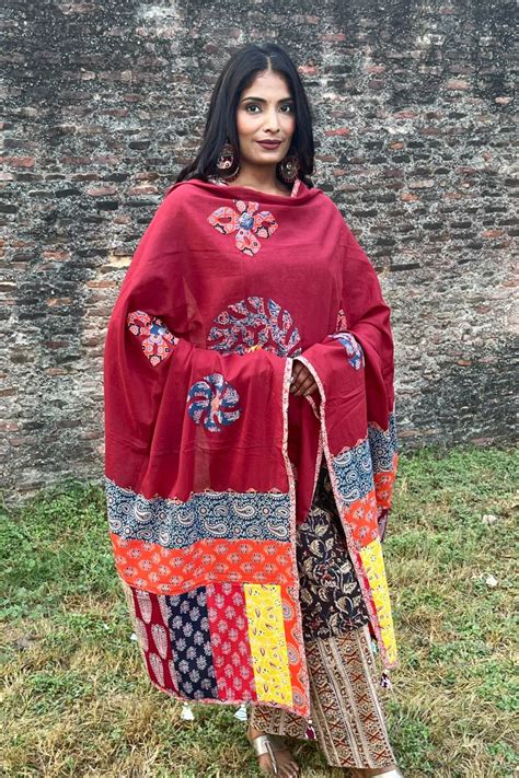 Buy Maroon Applique Patch Work Cotton Ajrakh Dupatta - House Of ...