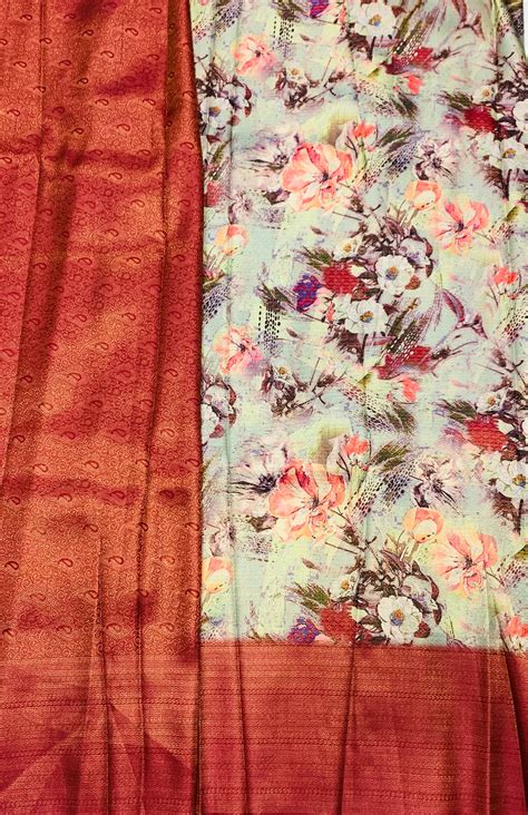 Digital Print Silk Saree Maroon Colour with Floral Pattern – Kumaran Silk