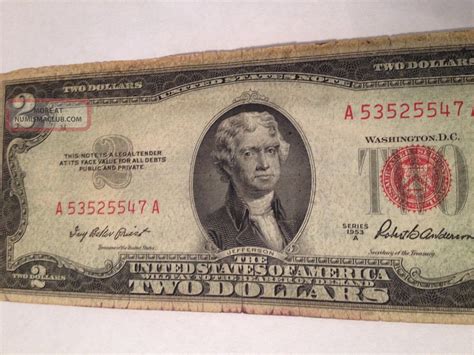 1953 A $2 Dollar Currency Bill Rare Old Money Red Seal