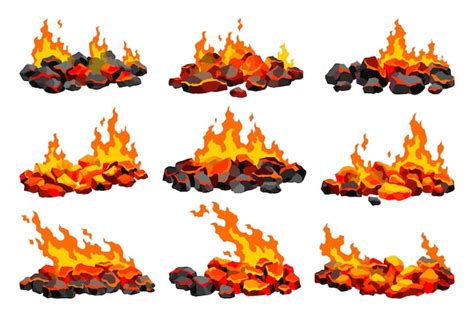 Burning coal set realistic bright flame fire on coals heaps closeup ...