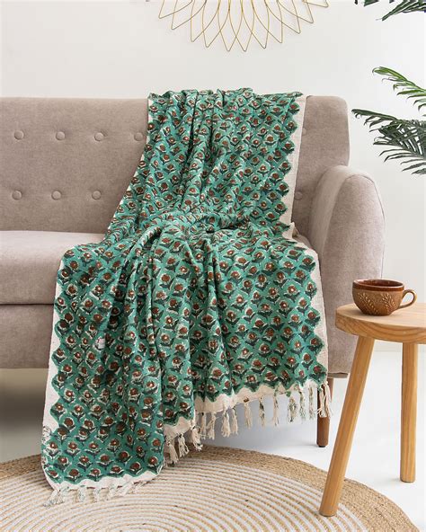 Buy Green Rose Floral Decor Cotton Block Print Throw Blanket DMAASA.in ...