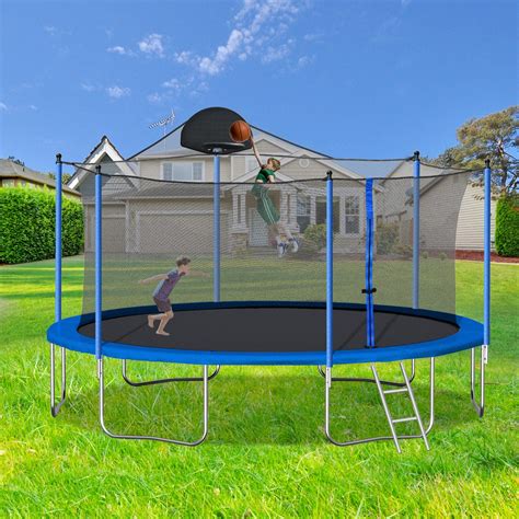 14FT Trampoline for Adults & Kids, Outdoor, Basketball Hoop, Ladder ...