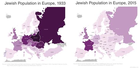 Jewish population in Europe, 1933 vs 2015 [2400 × 1186 : r/MapPorn