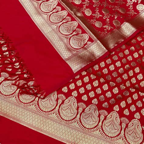 Red Gumbad Buti Katan Silk Banarasi Suit – Mohsin Textiles