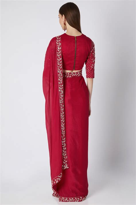 Pinkish Red Embroidered Saree Set – Masumi Mewawalla