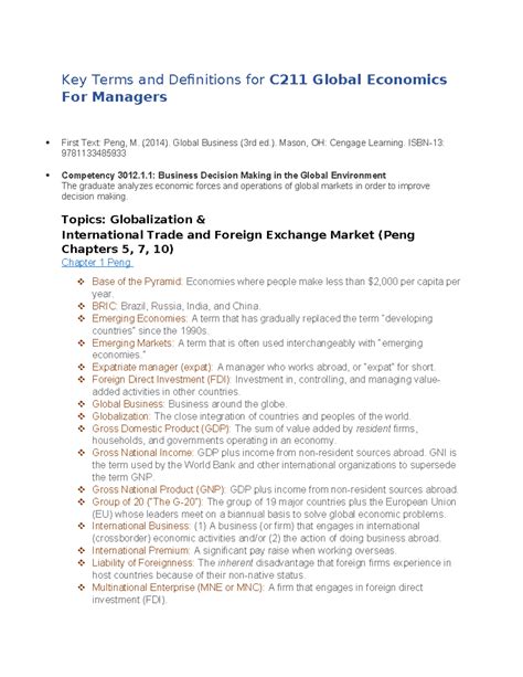 WGU C211 Global Economics Key Terms and Definitions - Studocu