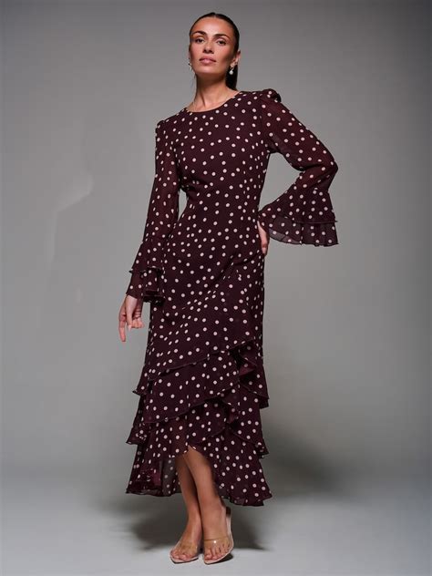 Buy Jolie Moi Red Ruffled Long Sleeve Tiered Chiffon Midaxi Dress from ...