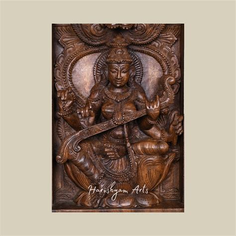 19" Handcrafted Wooden Frame of Goddess Saraswati Seated on Lotus Play