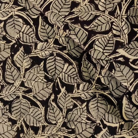 Pure Cotton Kalamkari Dull Black With Grey Peepal Leaves Jaal Hand Blo ...