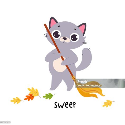 Ilustración de Barrido De Gato Gris Divertido Con Escoba Como Verbo ...