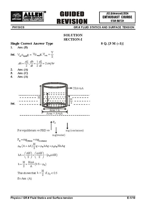 Guided Revision Solutions for JEE (Advanced) 2024: Fluid Statics ...