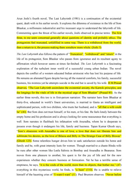 13 pages assignment - Arun Joshi’s fourth novel, The Last Labyrinth ...