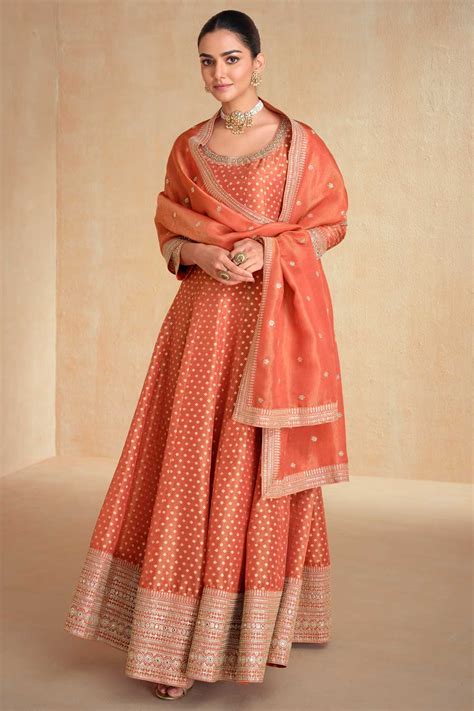 Buy Organza Silk Fabric Luminous Readymade Gown WIth Dupatta In Orange Col