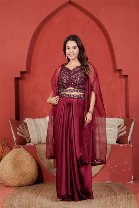 Maroon Satin Silk Dhoti Set with Handwork Blouse, Shrug & Belt – Narisanjog