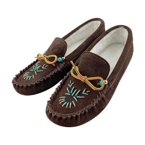 Women's Genuine Leather Fleece Lined Beaded Moccasin Slippers ...