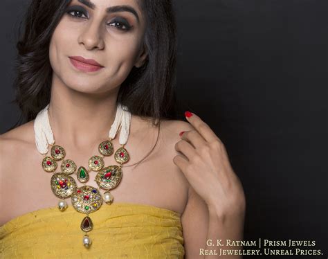 23k Gold and Diamond Polki hybrid Antique Navratna Necklace with tiny ...