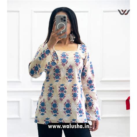 Cream And Blue Floral Printed Pure Cotton Short Kurti – Walusha
