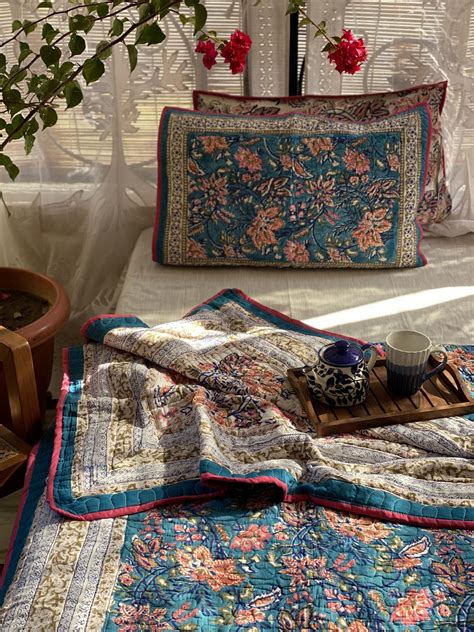 BLUE Cotton HAND Block Print Double Quilt