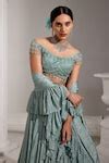 Buy Blue Net, Satin Sequins, Cut Work Off-shoulder Embroidered Draped ...