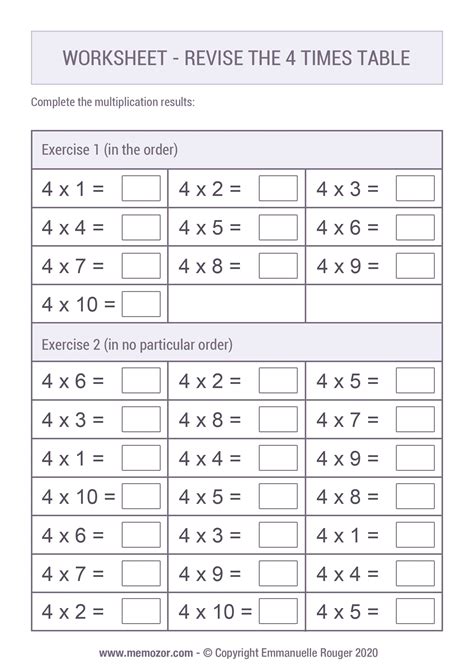 4 Times Table Worksheet Printable - Printable Templates