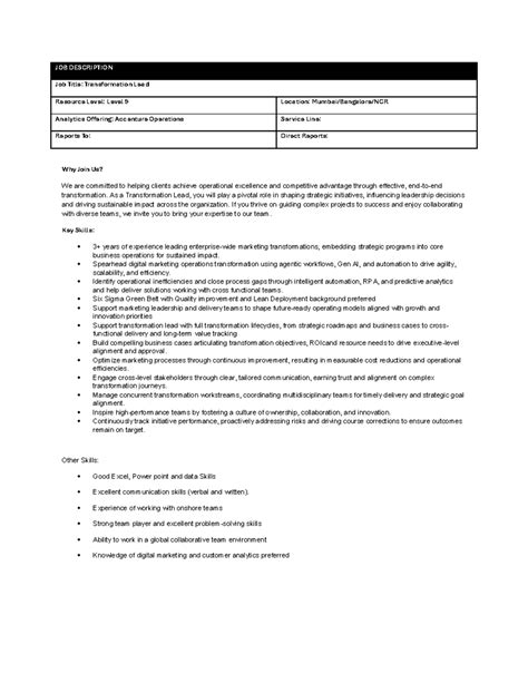 JD for Marketing Operations Transformation Lead (CL9) - Studocu