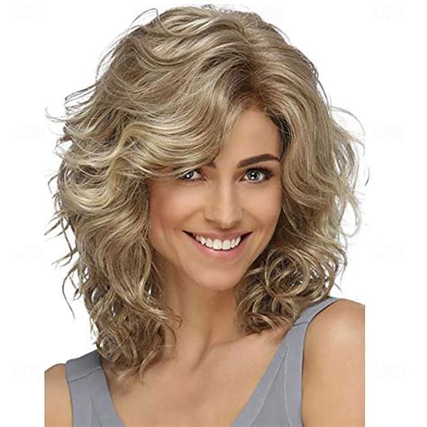 Medium Length Blonde Curly Wigs for White Women Short Layered Wavy Bob ...