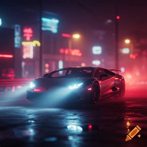 A sleek Lamborghini sports car with bright headlights drives on a wet city street at night ...