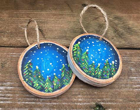 Hand-painted christmas tree wood slice ornament night sky | Etsy | Wood ...