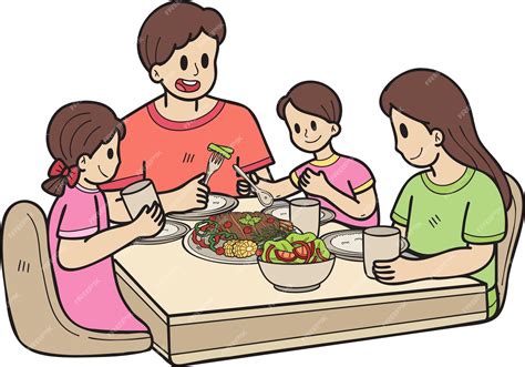 Familia dibujada a mano comiendo comida en la ilustración de la mesa en ...