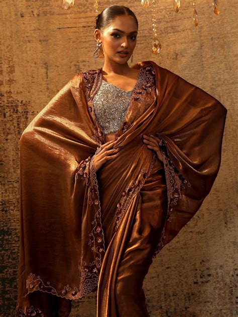 Buy Copper Solid Satin Saree With Unstitched Blouse Piece Online at Rs ...