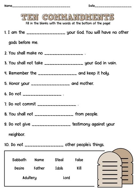 10 Commandments Worksheets for Kids
