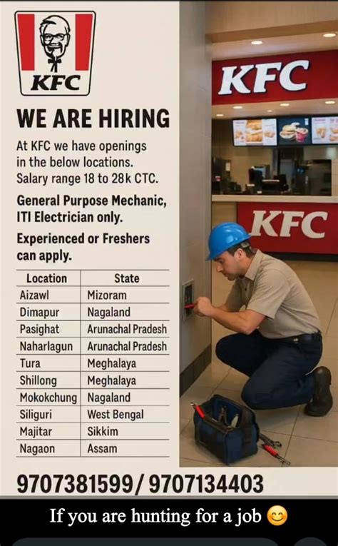 KFC Hiring ITI Electricians & Mechanics Across Northeast ~ KHALVONTAWI ...