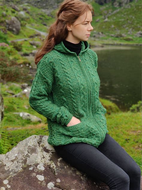 Irish Aran Long Hooded Zipper Cardigan With Pockets - Green - 100% Pure ...