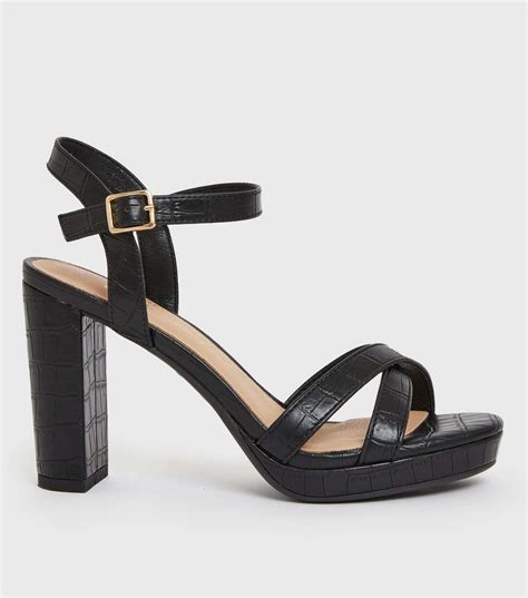 Black Faux Croc Platform Block Heel Sandals | New Look