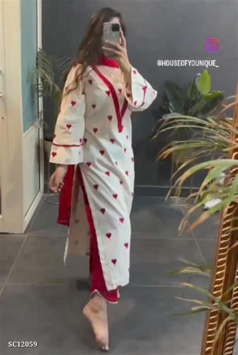 Red Heart Printed Cotton Suit With Duppatta - The Aspire Collection